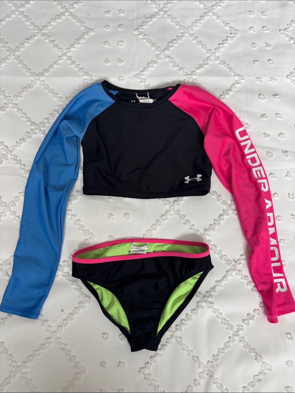 Under Armour Black Rash Guard Swim Set with Blue & Pink Sleeves